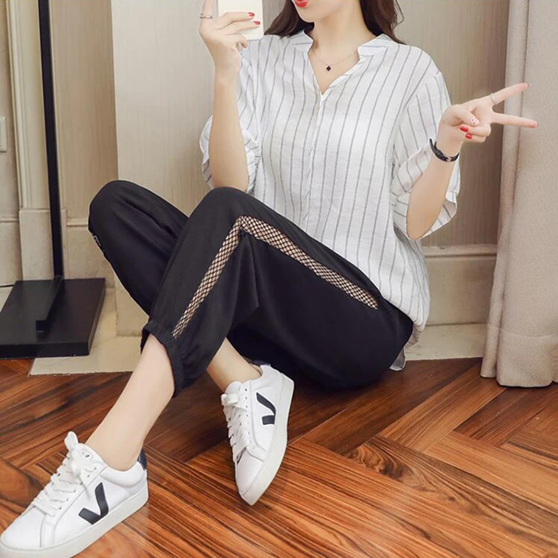 2019 Plus Size Two Piece Set Women Shirt+Elastic Waist Pants Joggers Striped Tops Casual Hollow Pant Sets For Woman Summer |
