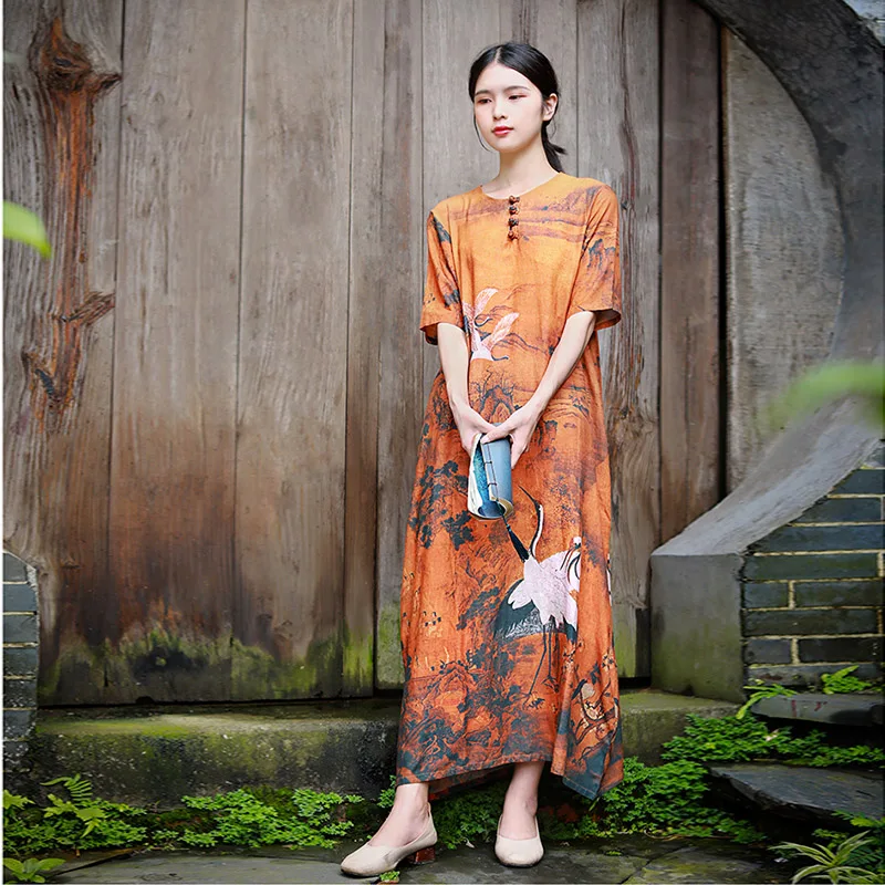 Hisenky 2019 Summer Chinese Style Dress Retro Ink Crane Printing Cotton Linen Women Dresses Slim Elegant Long Vestidos | Женская одежда