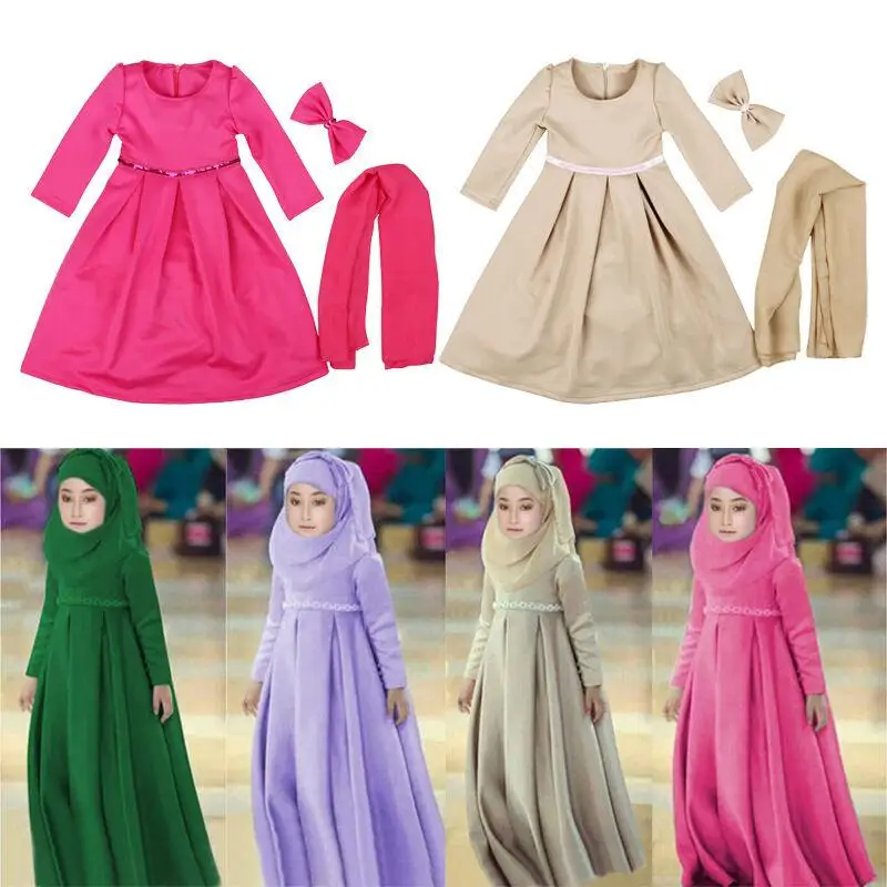 

3 Peice Muslim Child Girls Hijab+Bow+Dress Islamic Arab Abaya Kids Ramadan Long Sleeve Middle East Maxi Dresses Kaftan Clothing