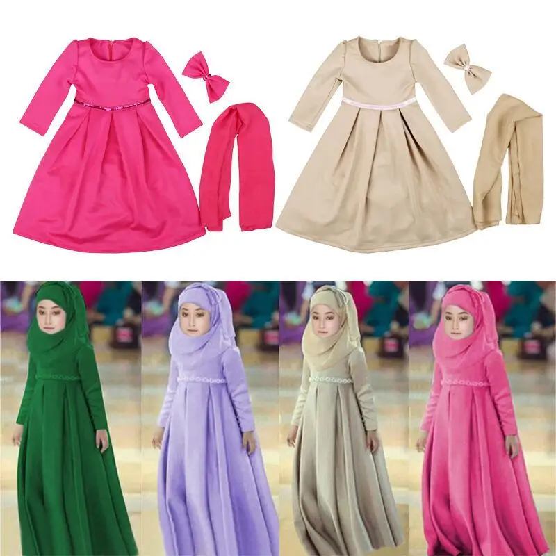 3 peice мусульманское детское раннее платье + бант мусульманская Арабская абайя