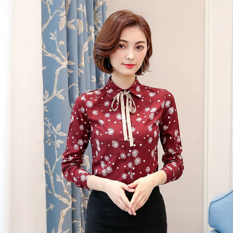 Женские модные набивные шифоновые блузки большие размеры S-3XL украшенные бантом