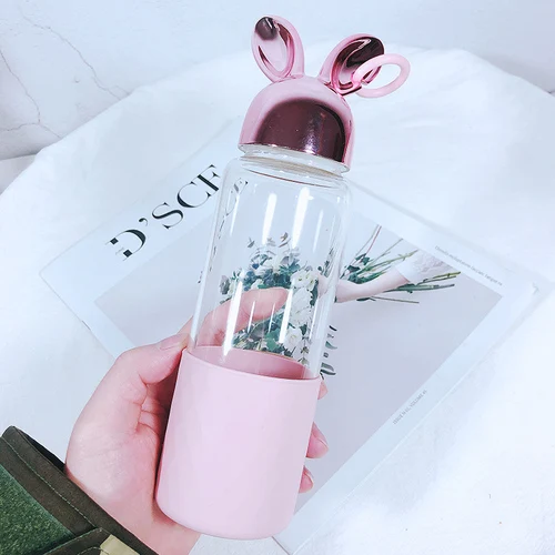 rabbit pink Портативная прозрачная бутылка для воды, лисичка, кролик, мультфильм, изоляционная крышка, Хрустальная бутылка, милая, 350 мл, для студенток, для девушек, посуда для напитков - Цвет: rabbit pink