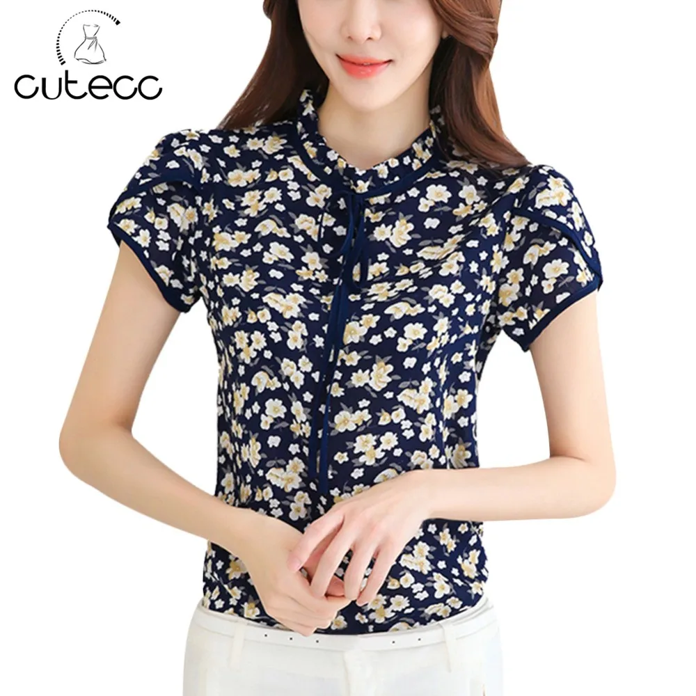 Новинка 2017 летние женские Femme blusas Симпатичные Стенд воротник с коротким рукавом