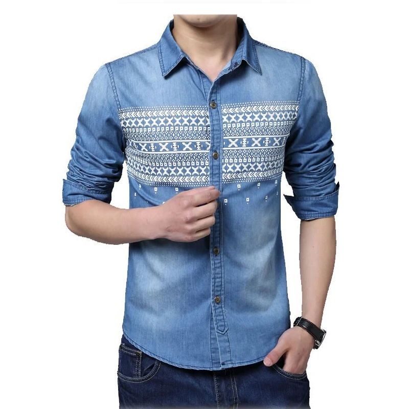 Рубашка мужская джинсовая с длинным рукавом 2017 хлопок 5XL|chemise homme|casual chemisemale slimming |