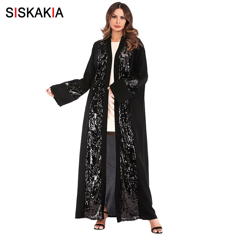 Siskakia, модная женская Лоскутная Одежда с блестками, абайя, весна, Новое поступление, мусульманский кардиган, туники, черная одежда для Рамадана, тонкий пояс