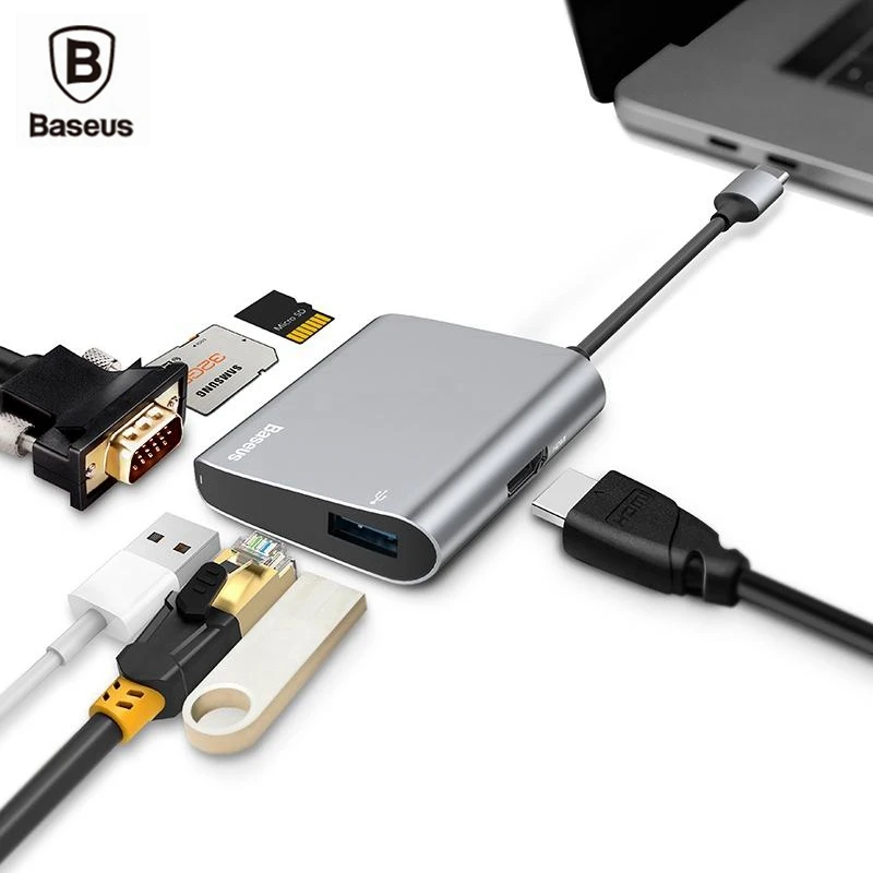 BASEUS typc-C usb Multiduty Адаптер HUB Тип C на USB разъем SD карты памяти HDMI VGA RJ45 Ethernet порты и