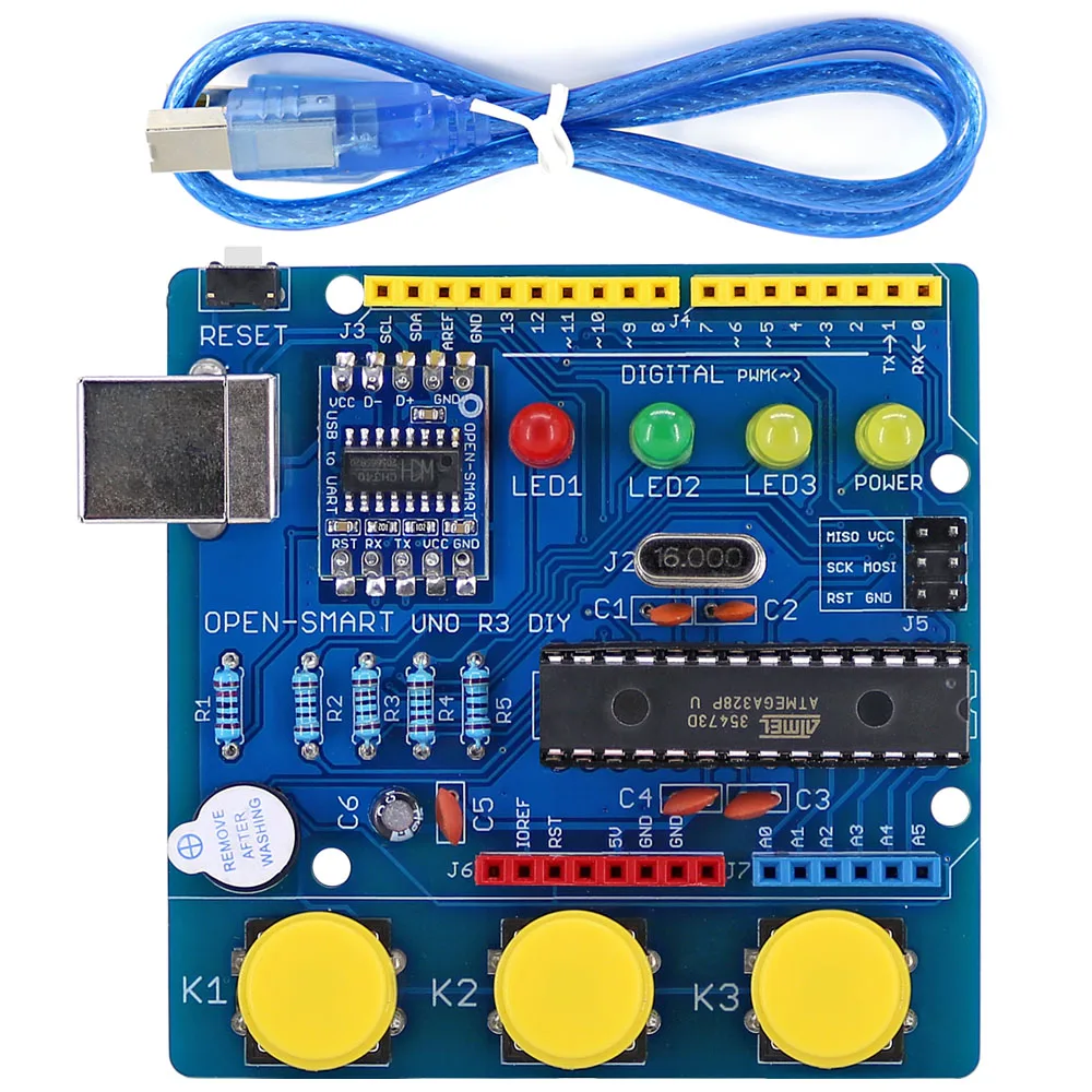 Открытый Смарт UNO R3 DIY ATmega328P макетная плата CH340 драйвер пайки части комплект с зуммер светодиодный кнопка для Arduino UNO r3-b