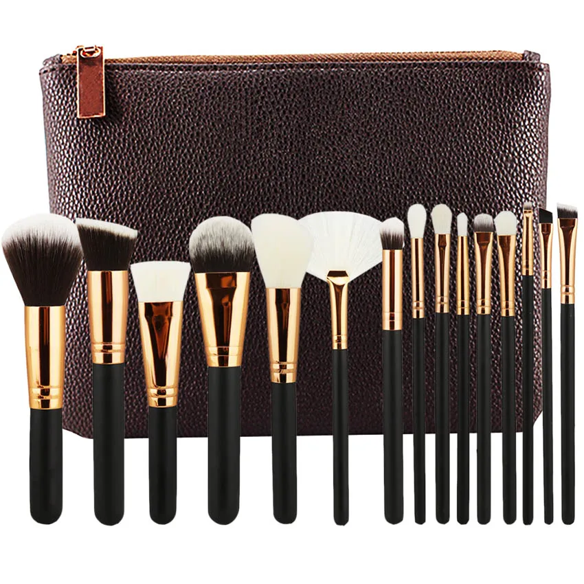 Brown Brush with Bag Набор розовых кистей для макияжа, 15 шт., высокое качество, кисть для лица, глаз кабуки, полный комплект, косметика, инструменты для красоты, Pincel Maquiagem, чехол - Handle Color: Brown Brush with Bag