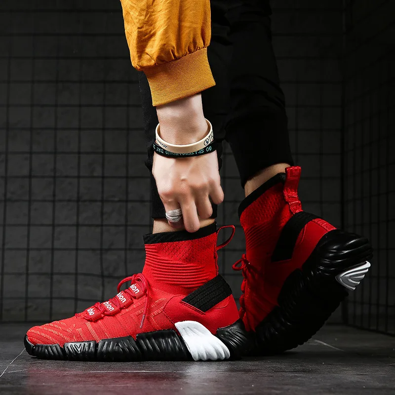 New High Top Platform Sneakers Men fly weave Stretch Sock Shoes men Dad Chunky Black red hip hop Thick Sole | Обувь