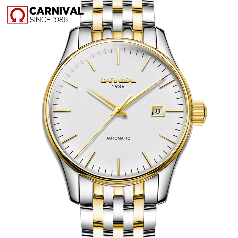 

Luxury Carnival watch men gold stainless steel waterproof Automatic machine date white dial wristwatch relogio feminine