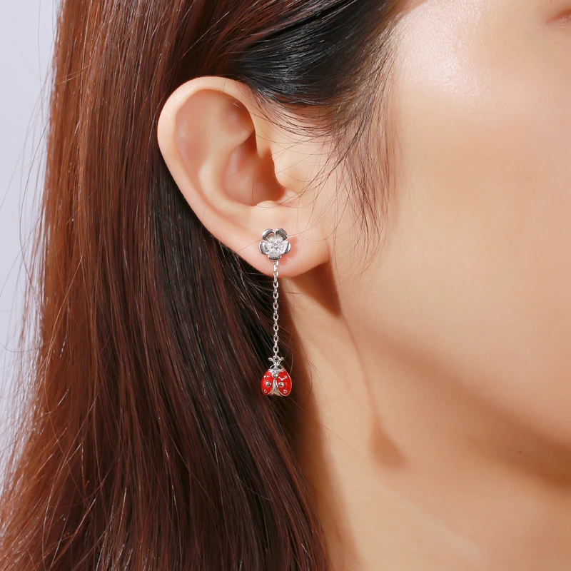 Strollgirl Authentic 925 Sterling Silver Cute Red Enamel Ladybug Stud Earrings Long Tassel Animal Earring Fashion Gift for Women | Украшения