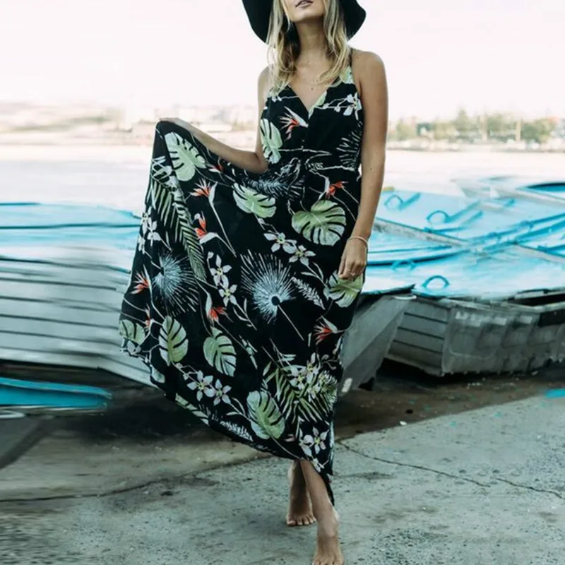 Женское платье с v-образным вырезом без рукавов цветочным разрезом Макси длинное