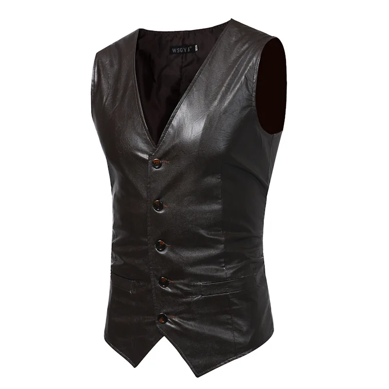 PU Leather Vests For Men Slim Fit leather Mens Suit Vest Male Waistcoat Gilet Homme Casual Sleeveless Formal Business Jacket | Мужская