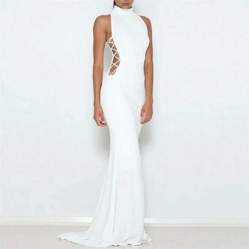 Женское длинное платье в стиле бохо красное Бандажное с высоким воротом длиной