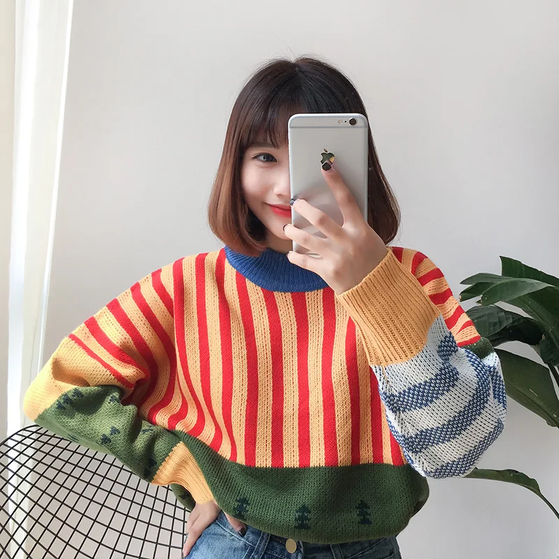 Women's Sweaters Kawaii Ulzzang Loose Wild Color Stitching Knitted Sweater Female Korean Harajuku Jumper Pullover For Women | Женская