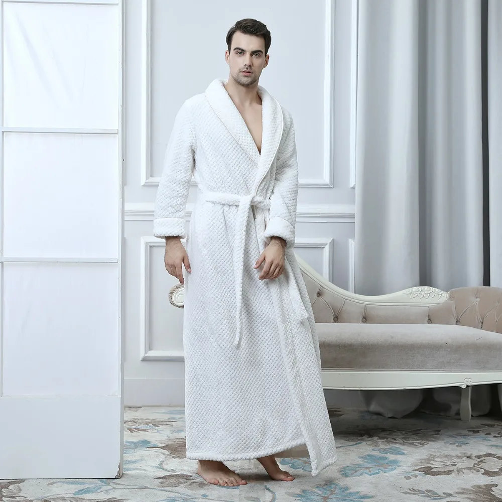 2018 зимние Для мужчин халат длинный парный пикантные Slim Fit коралловые флисовые