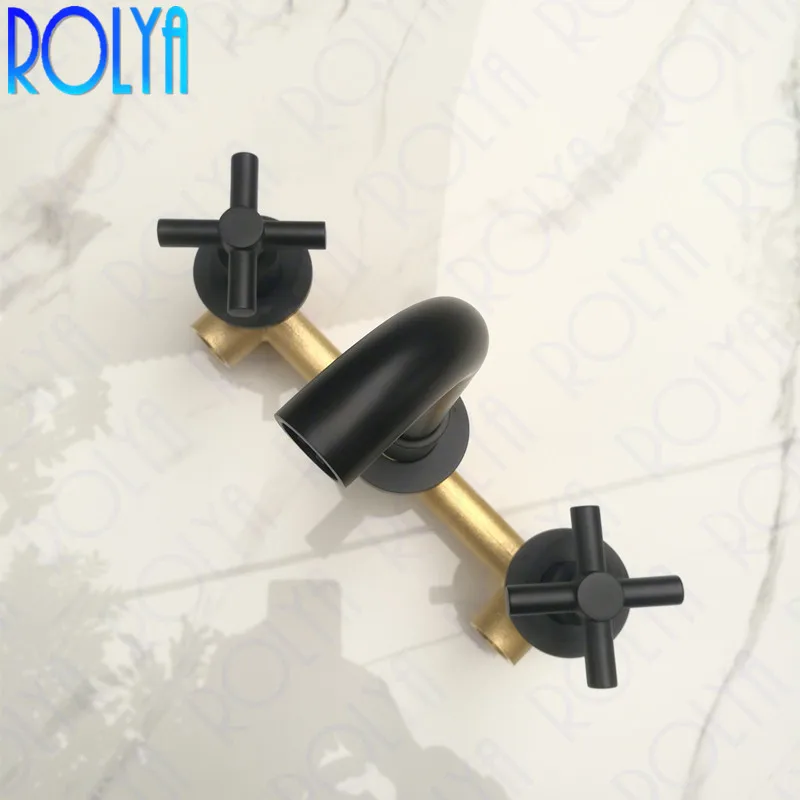 ROLYA Cross двойные ручки настенный кран для раковины матовый черный твердая латунь