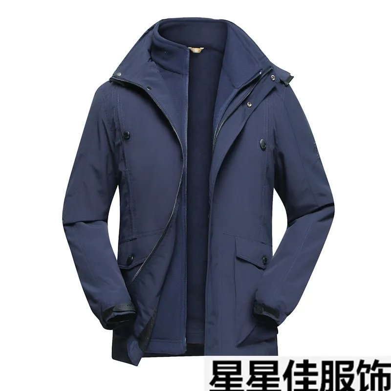 Плюс 10XL 8XL 6XL брендовая одежда Стиль зимнее платье Мужская ветровка куртки и пальто 3 в 1 съемный вкладыш и шапка - Цвет: Тёмно-синий