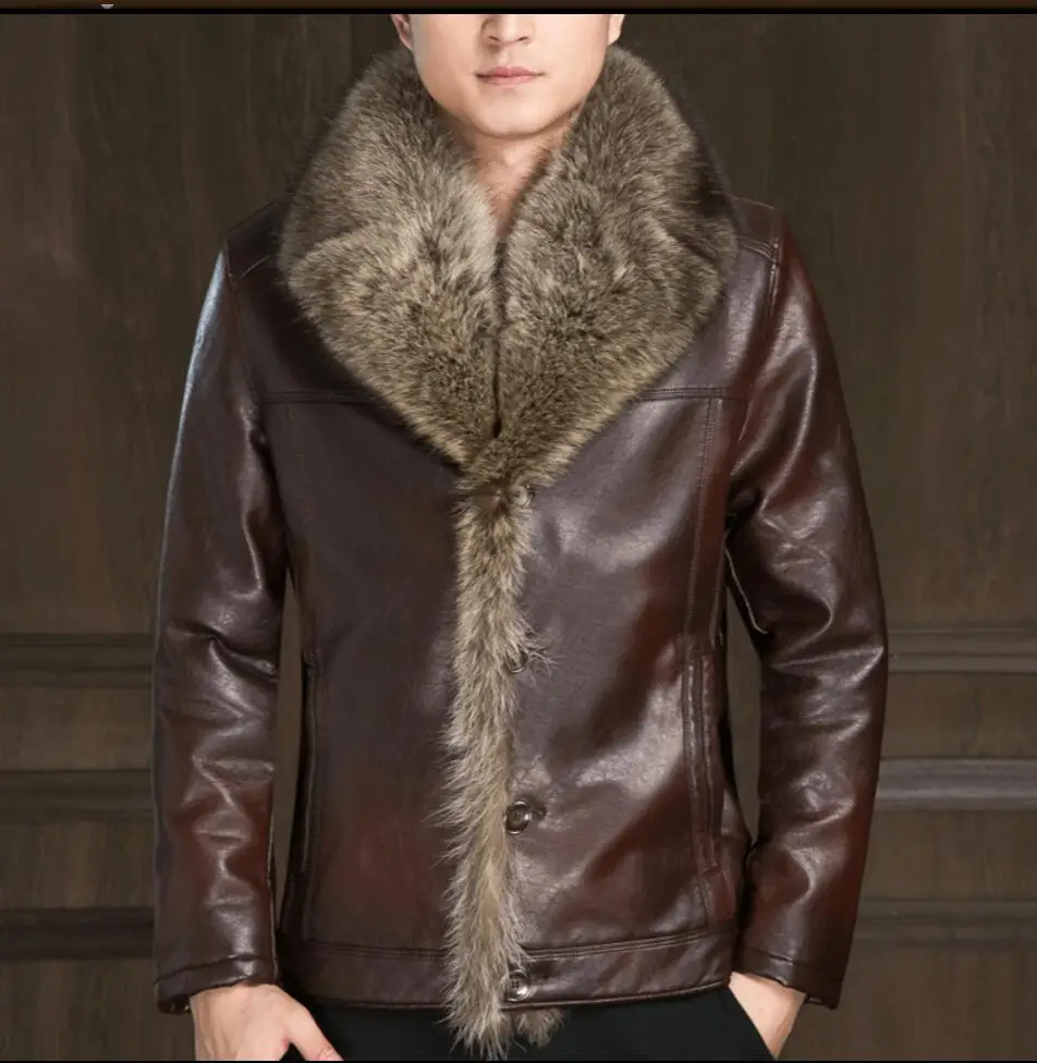 short brown S-4XL, Зимние Куртки из натуральной кожи с искусственным мехом, кожаные пальто для мужчин, кожаные куртки из овечьей кожи, теплые деловые пальто размера плюс, пальто - Цвет: short brown