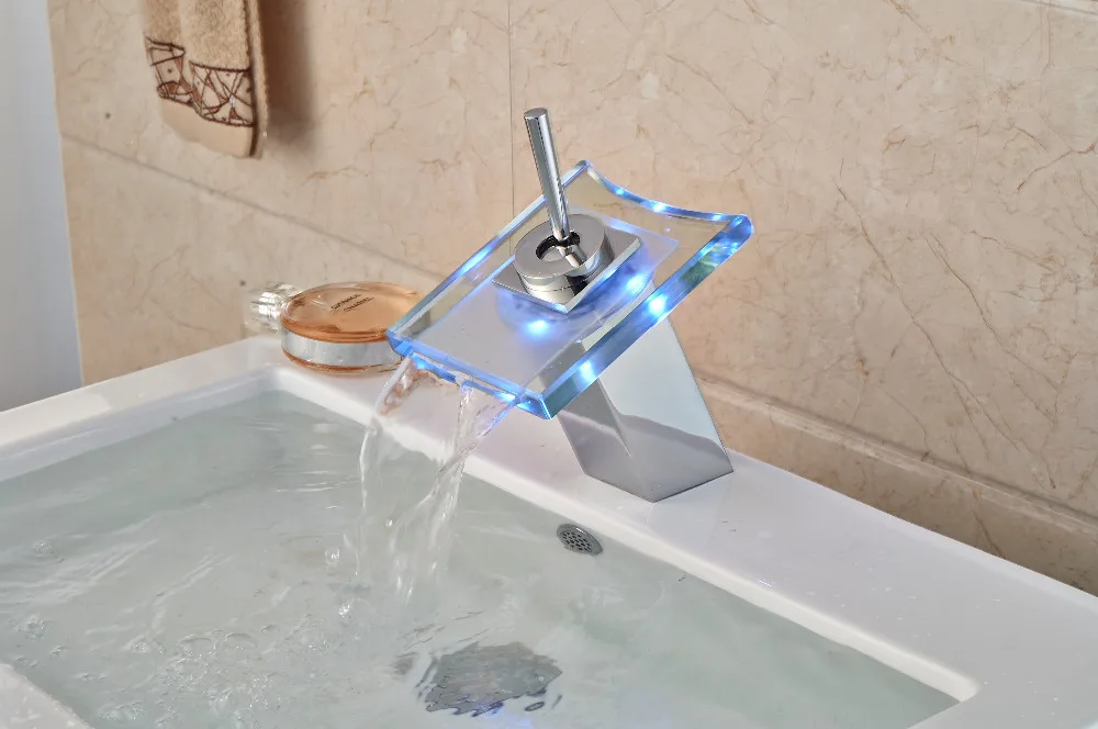 LED Glass Square Bathroom Faucet Chrome Finish Vanity Sink Mixer Tap Deck Mounted | Дом и сад