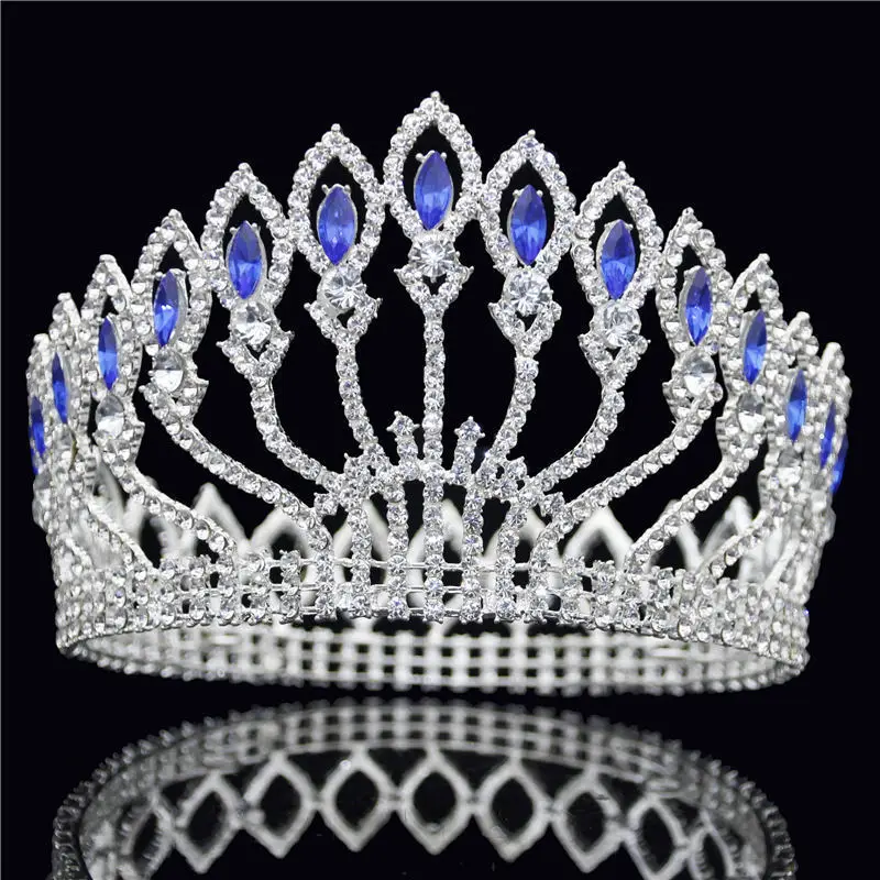 Silver Blue Модные хрустальные металлические большая корона свадебные диадемы золото серебро розовый свадебное украшение для волос в виде короны пышная диадема Королевская корона - Окраска металла: Silver Blue