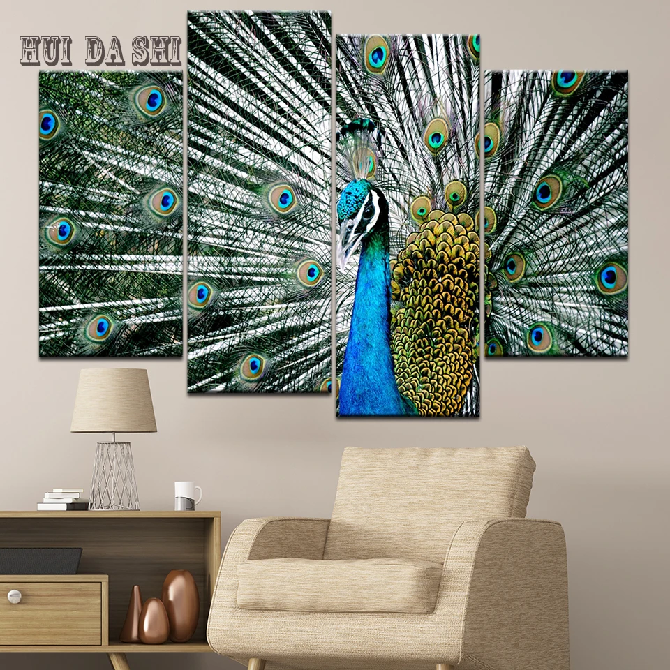 Настенная живопись HD печать 4 шт. абстрактные животные синий павлин холст плакат