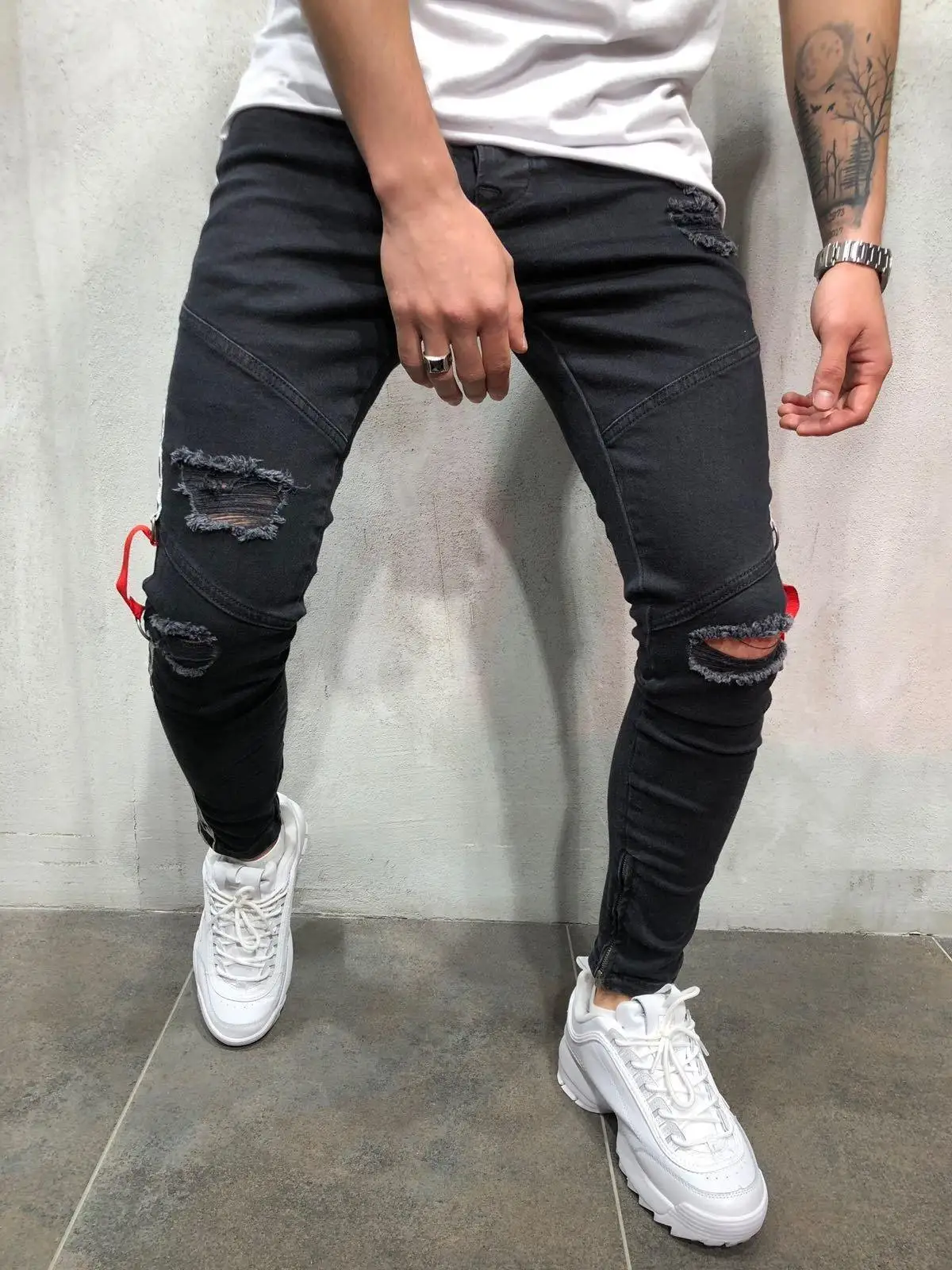 Knee Hole Side Zipper Slim Distressed Jeans Men Ripped tore up streetwear For Men slim stripe pants