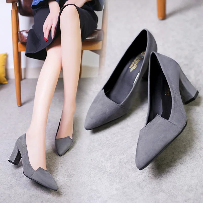 2019 Top quality spring new thick high heel black suede single shoes pointed toe mujer head with wild women's pumps shoes
