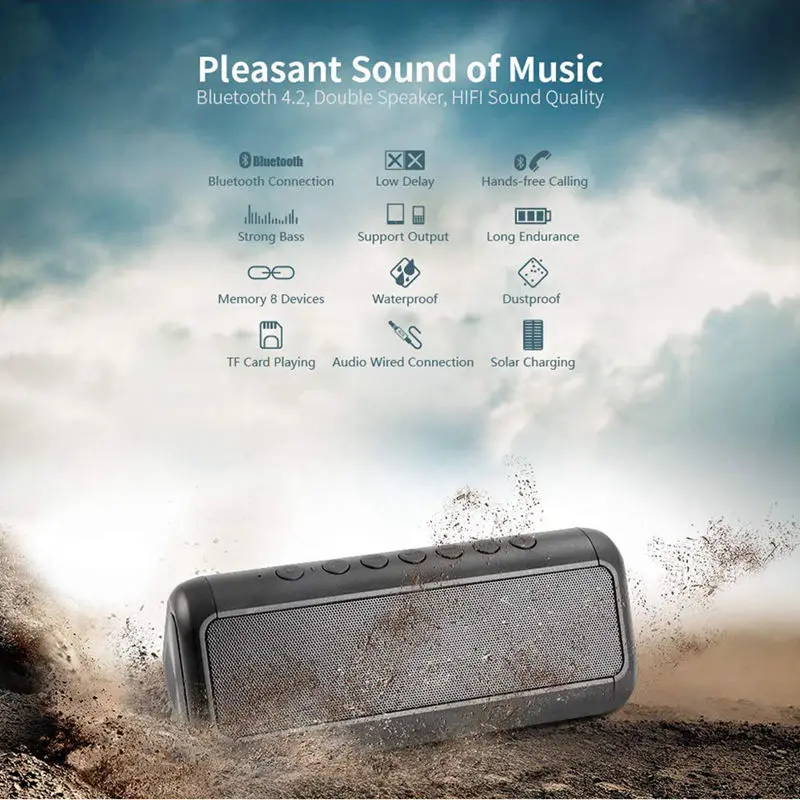 Solar Bluetooth Speaker With 5000Mah Power Bank Portable Wireless 4.2 12W Stereo Subwoofer Bass Ipx6 Water | Электроника
