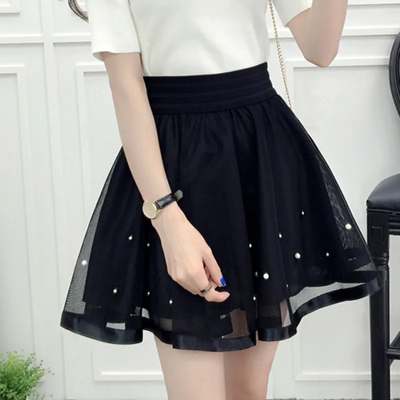 2021 New Spring Summer Women Black Mini Skirt Korean Elastic High Waist Skirt Shorts Sweet Mesh Tulle Umbrella Skirt Falda Tul
