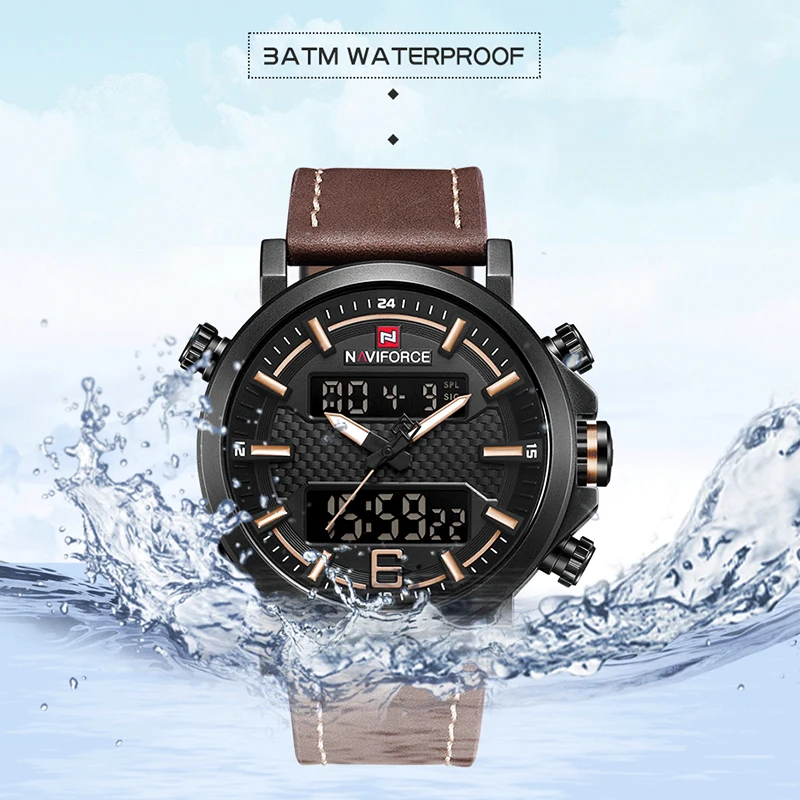 NAVIFORCE Новые мужские модные спортивные часы, мужские кожаные водонепроницаемые кварцевые часы, мужские Аналоговые часы с датой, светодиодный