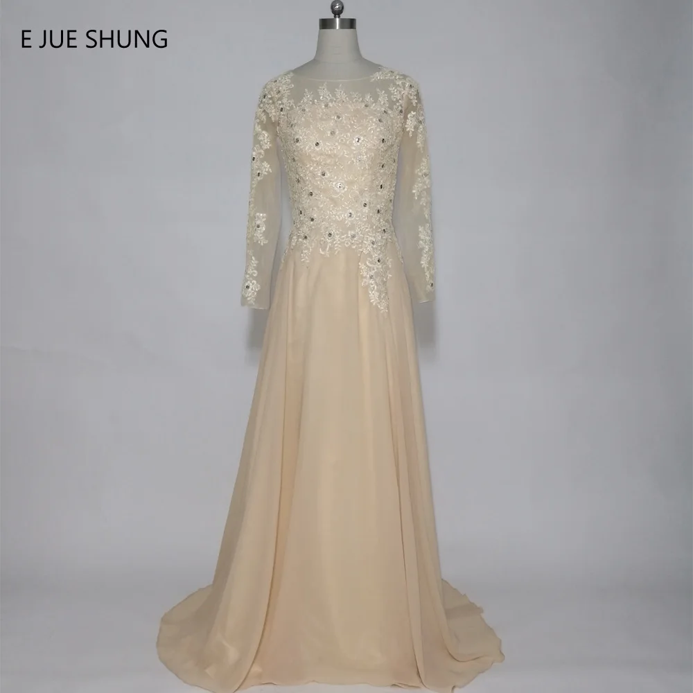 

E JUE SHUNG Champagne Lace Appliques Long Evening Dresses Long Sleeves Formal Dresses Mother of the Bride Dresses robe de soiree