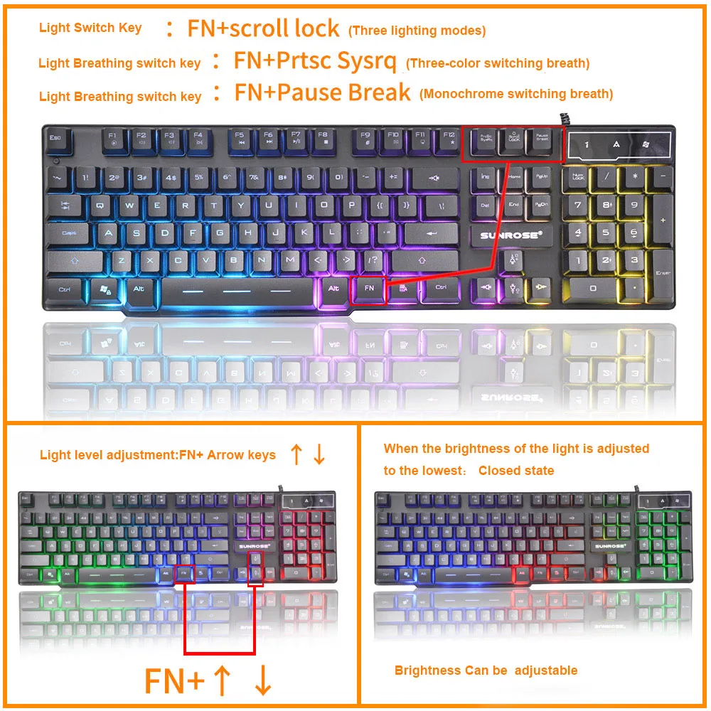 SunRose Компьютерные USB Проводная игровая клавиатура 104 клавиш 3 Цвет на русском и