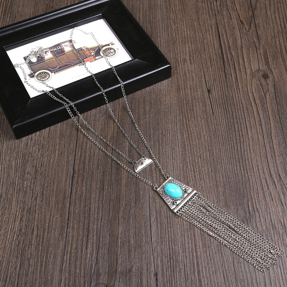 

Vintage Style Retro Silver Double Chain Resin Bead Trapezoid Pendant Long Chain Tassel Necklace Jewelry