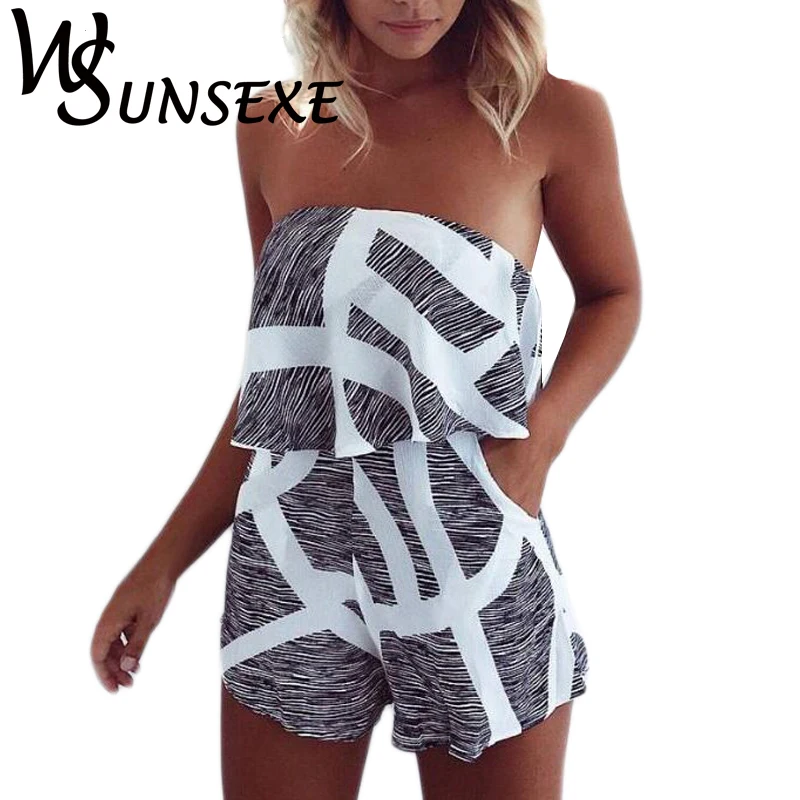 Женский пляжный комбинезон с открытыми плечами Свободный в полоску оборками