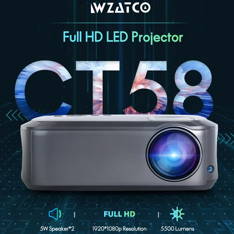 WZATCO T58 Android 9,0 проводной синхронизация Дисплей для Iphone Full HD светодиодный проектор 1920*1080p портативный видеопроектор для домашнего кинотеатра