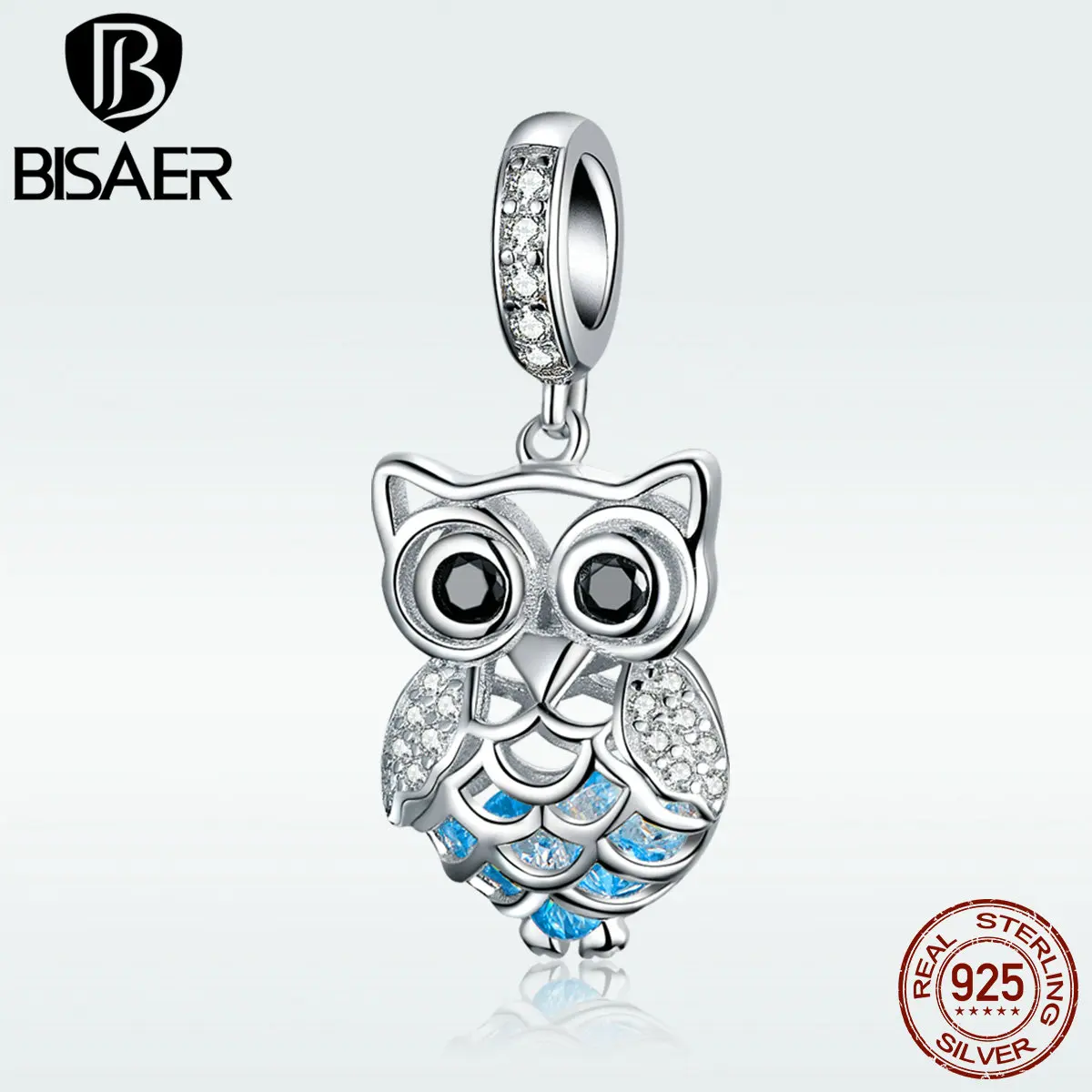 BISAER 925 пробы серебряные бусы Сова синие кубические циркониевые амулеты подходящие Браслеты и ожерелья для женщин модные DIY Ювелирные изделия ECC1124