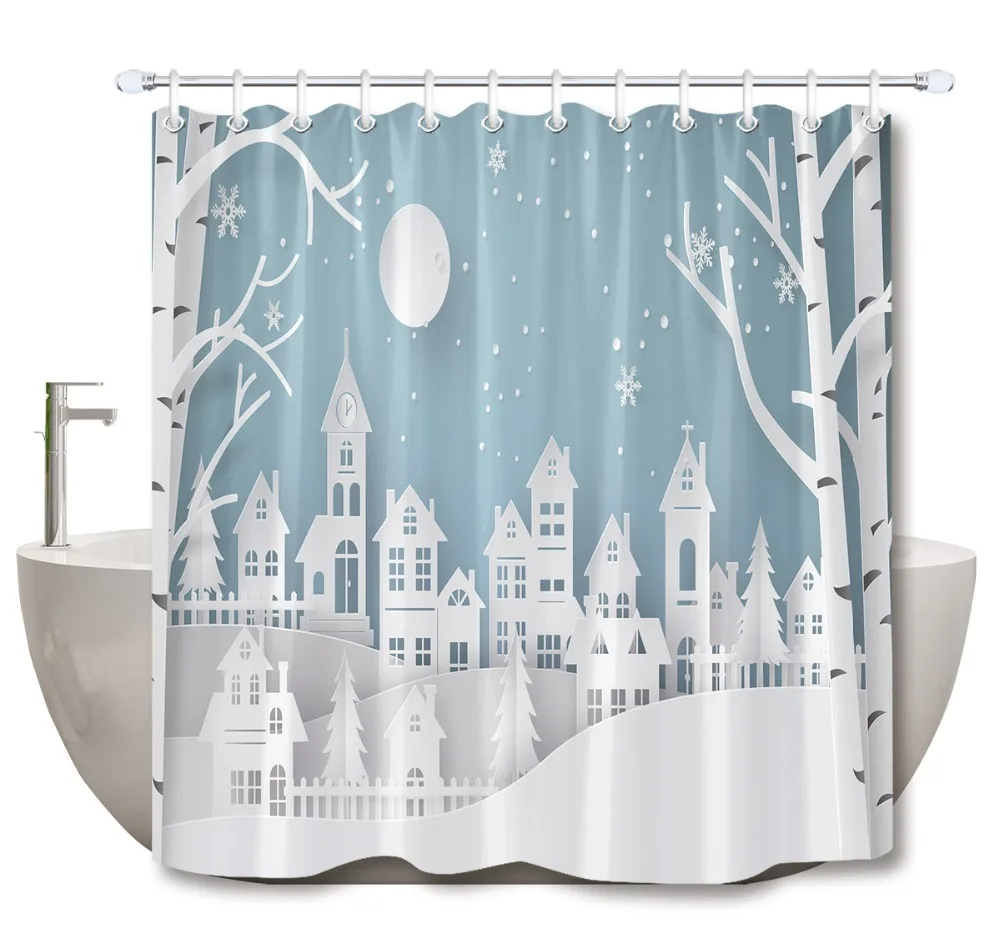 

LB Winter Snow Urban Countryside Landscape City Village Shower Curtain with Mat Set Luxury Bathroom Fabric For Art Bathtub Decor