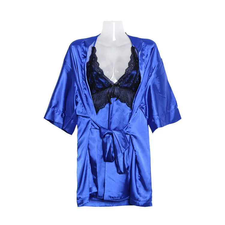 

Female Silk Sleepwear Three Piece Set with Underwear Sexy Nightgown Sets Extreme Temptation Women's Sleep Deep V Lace Robe