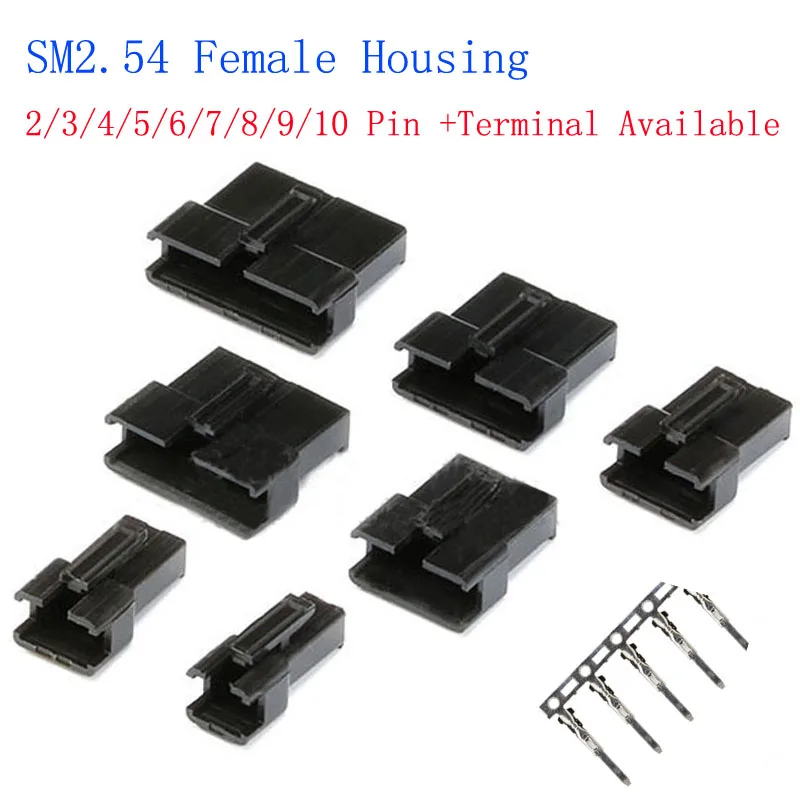 50pcs SM2.54 Female Connector Leads Header Housing 2.54mm Pitch Shell 2/3/4/5/6/7/8/9/10 Pin +Terminal Available
