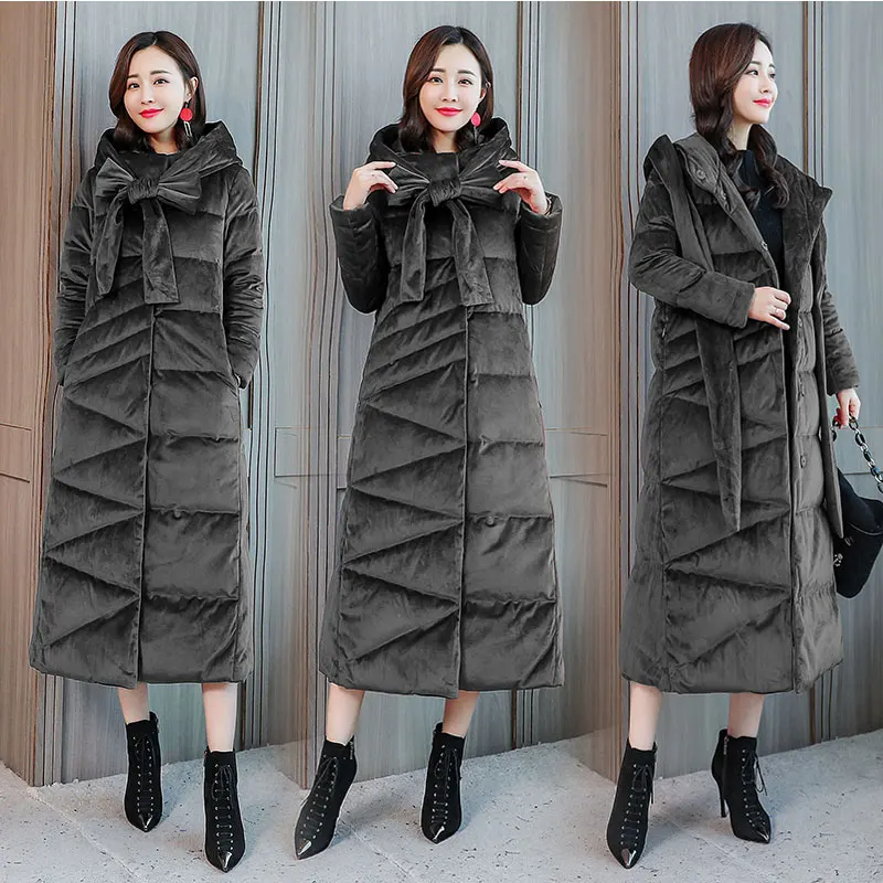 Gray Тонкая X-Long зимняя куртка, женские пуховики,, Золотая Вельветовая хлопковая куртка, пальто для женщин, утолщенная теплая хлопковая верхняя одежда с капюшоном, 775 - Цвет: Gray