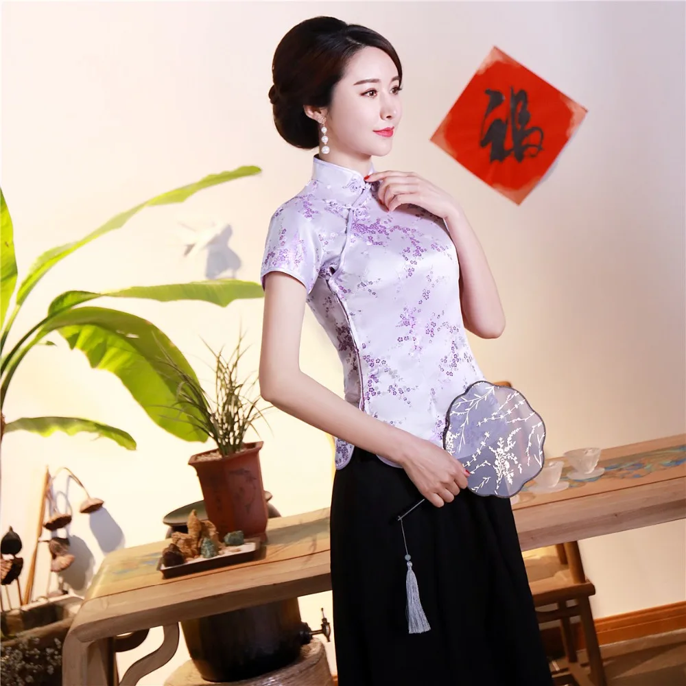 Шанхай история короткие Cheongsam Топ Традиционный китайский искусственный шелк/Атласный топ Дракон и Феникс Вышивка Блузка Топ Qipao рубашка