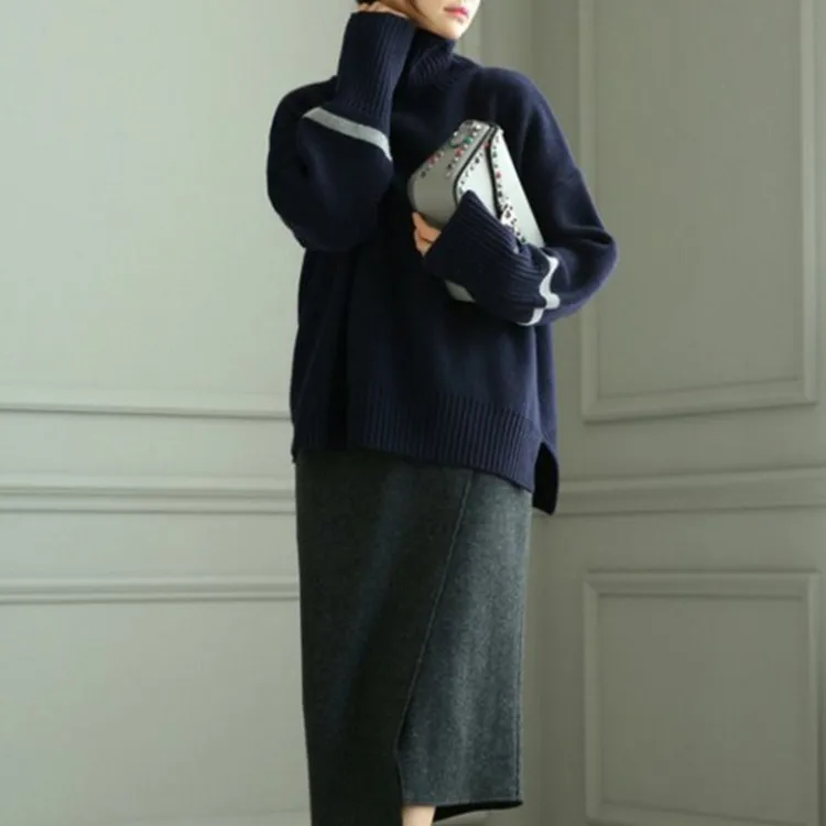 Navy Blue Женские зимние кашемировые свитера с высоким воротом и длинным рукавом, коллекция года, Осенние шерстяные свободные однотонные пуловеры, модный вязаный джемпер - Цвет: Navy Blue