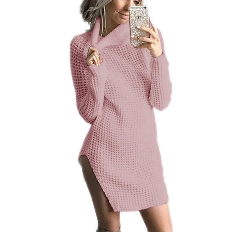 Fashion Turtleneck Sweater for Women Sexy Solid Split Knitting Casual Long Sleeve Dresses WLD136 | Женская одежда