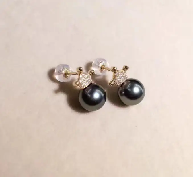 free shipping elegant AAA10-11mm tahitian black green round pearl dangle earring yellow gold | Серьги