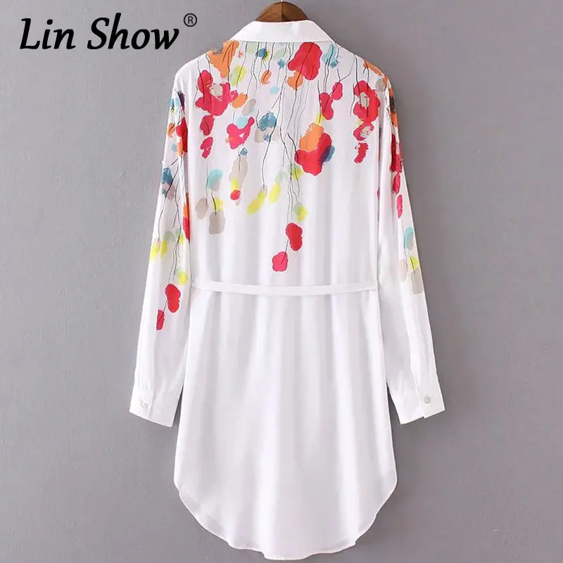 LINSHOW Цветочный Принт Женщины Mini Dress Летом С Длинным Рукавом Нагрудные Хлопок