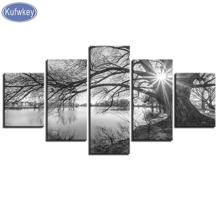 

Алмазов картина 5 шт. на берегу озера большие картины с деревьями черный, белый цвет пейзаж, алмазная вышивка мозаичные квадратные Стразы Крест