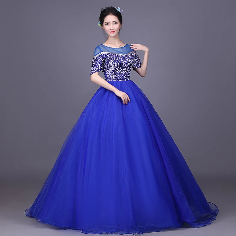 Новый 2017 синий лодка шеи половина рукава вечерние платья stage соло блестки бальные