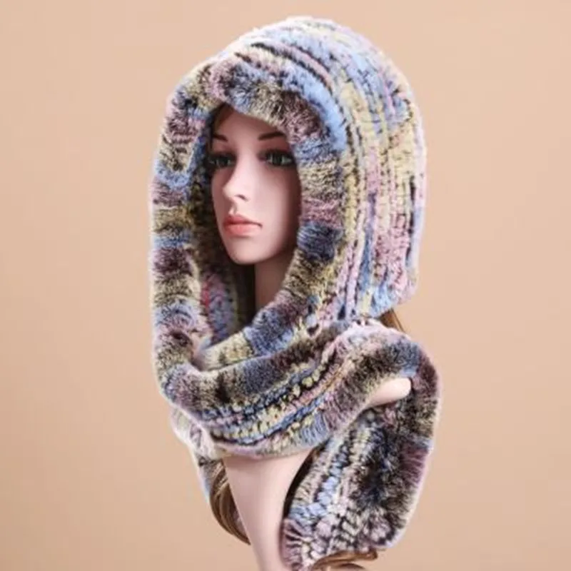 Модная теплая трава Настоящий мех кролика рекс кролик вязаный шарф шапка