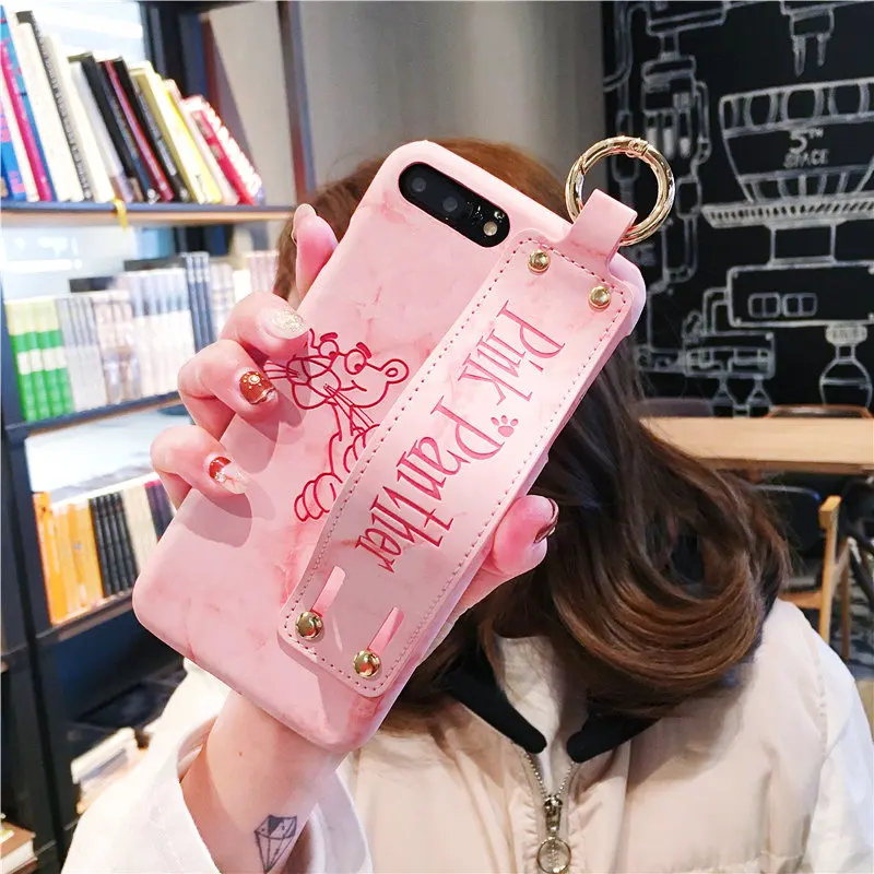 Роскошный Розовый пантера ремешок PU чехол для iphone X 6 6s 6plus 7 7plus 8 8plus наручный захват чехол твердая задняя крышка брендовый чехол